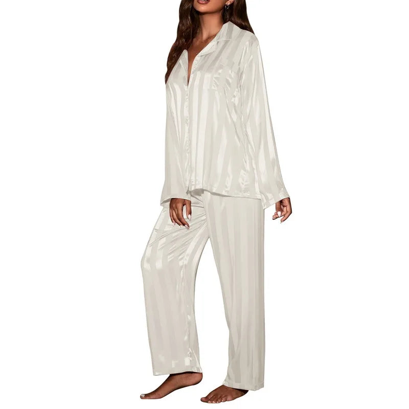 Pijama feminino listrado da Moda Francesa Casual Super Confortáveis de Cetim